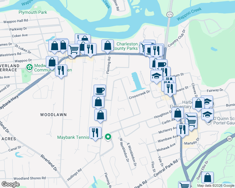 map of restaurants, bars, coffee shops, grocery stores, and more near 28 Paddlecreek Avenue in Charleston