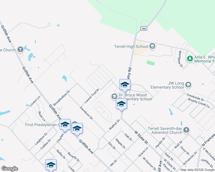 map of restaurants, bars, coffee shops, grocery stores, and more near 1000 Glenda Street in Terrell