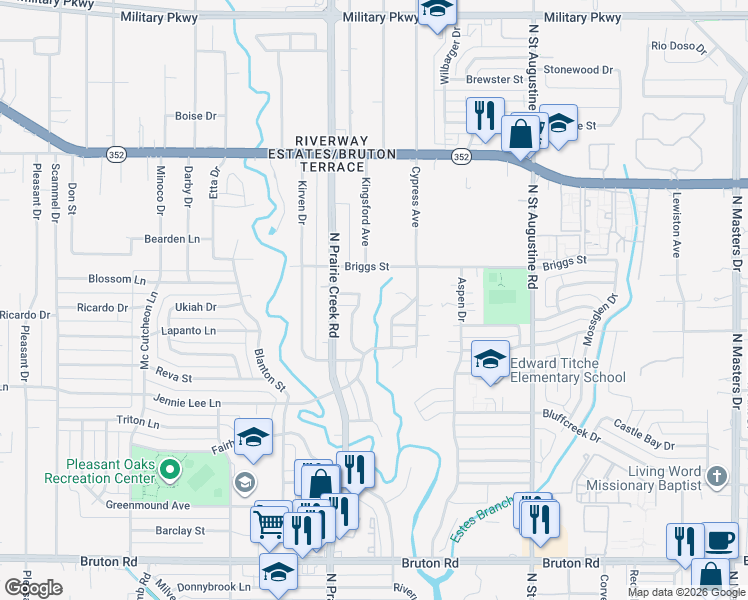 map of restaurants, bars, coffee shops, grocery stores, and more near 9303 Sandyhook Circle in Dallas