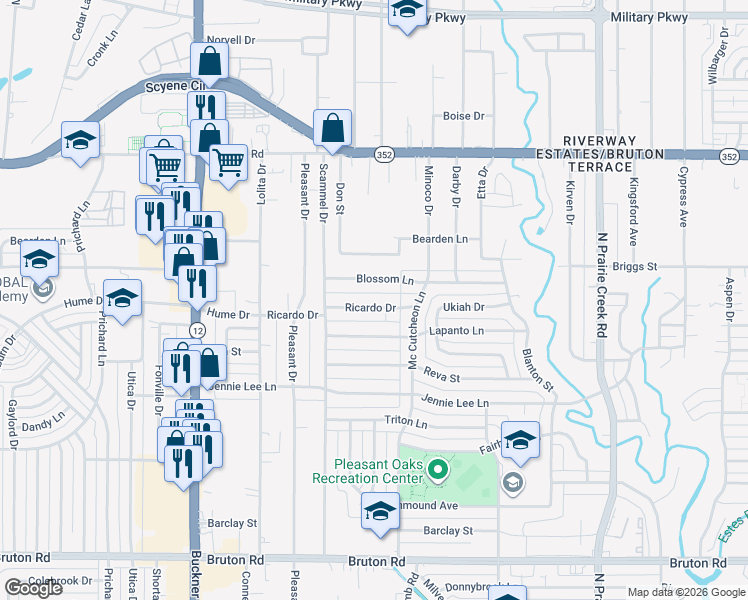 map of restaurants, bars, coffee shops, grocery stores, and more near 8502 Blossom Lane in Dallas
