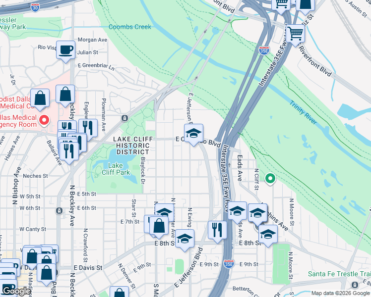 map of restaurants, bars, coffee shops, grocery stores, and more near 833 North Ewing Avenue in Dallas