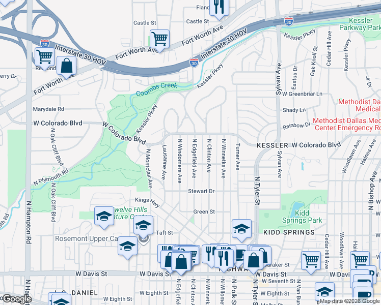 map of restaurants, bars, coffee shops, grocery stores, and more near 1131 North Edgefield Avenue in Dallas