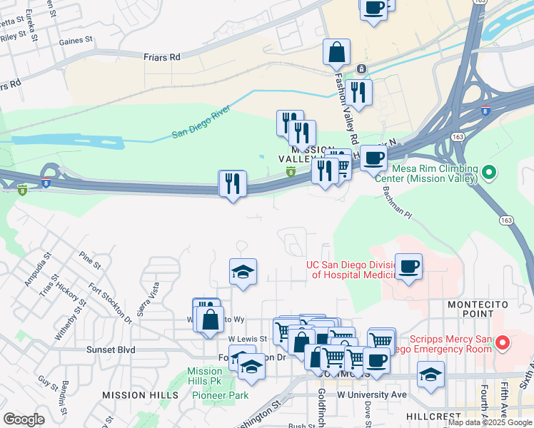 map of restaurants, bars, coffee shops, grocery stores, and more near 1201 Hotel Circle South in San Diego
