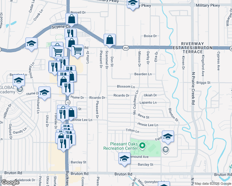 map of restaurants, bars, coffee shops, grocery stores, and more near 8318 Blossom Lane in Dallas