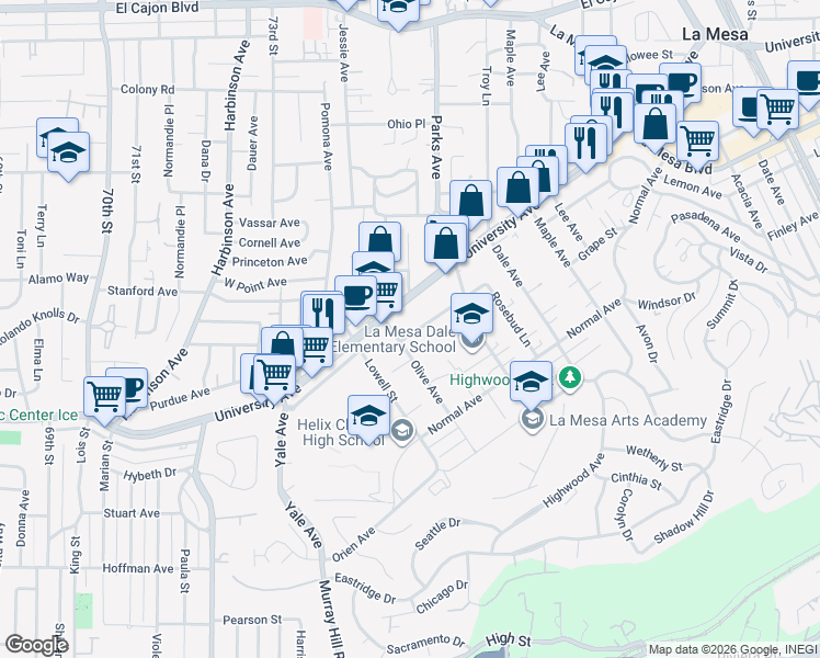 map of restaurants, bars, coffee shops, grocery stores, and more near 7518 Sturgess Avenue in La Mesa