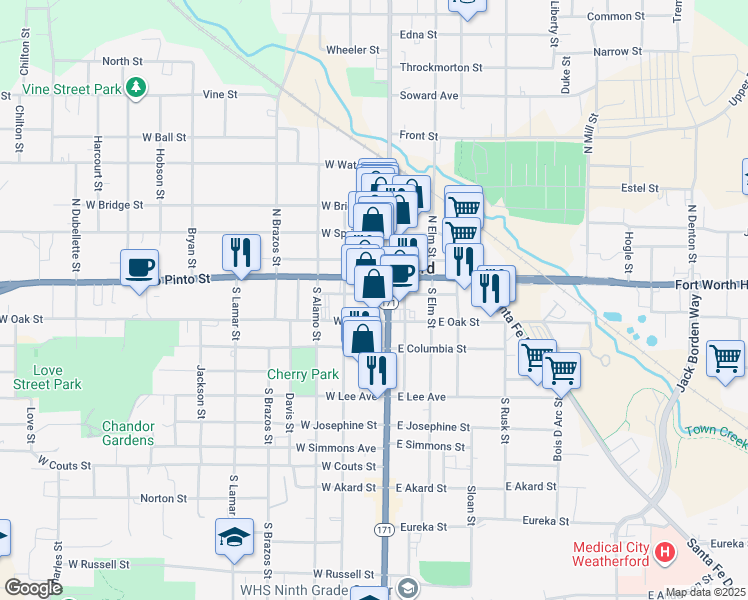 map of restaurants, bars, coffee shops, grocery stores, and more near 111 Palo Pinto Street in Weatherford