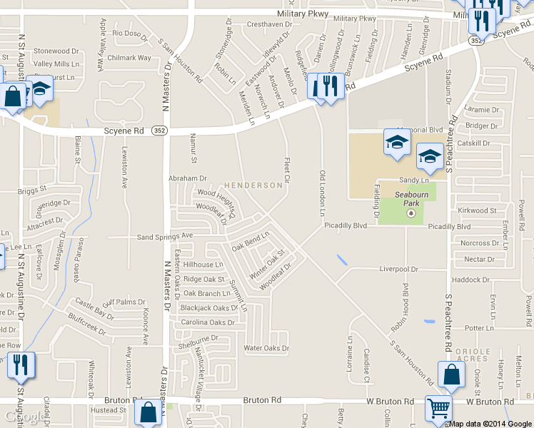 map of restaurants, bars, coffee shops, grocery stores, and more near South Sam Houston Road in Dallas