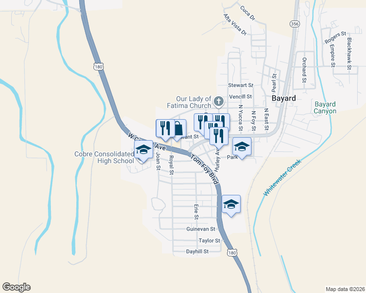 map of restaurants, bars, coffee shops, grocery stores, and more near 100 Central Avenue in Bayard