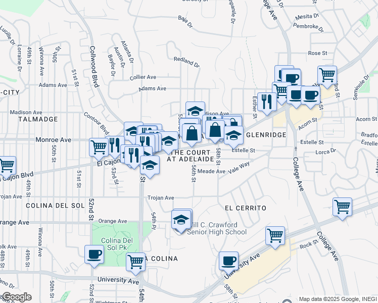 map of restaurants, bars, coffee shops, grocery stores, and more near 4500 56th Street in San Diego