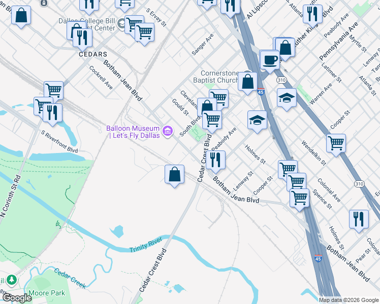 map of restaurants, bars, coffee shops, grocery stores, and more near South Lamar Street in Dallas