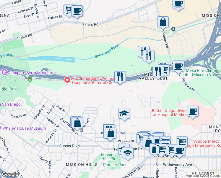 map of restaurants, bars, coffee shops, grocery stores, and more near 1605 Hotel Circle South in San Diego