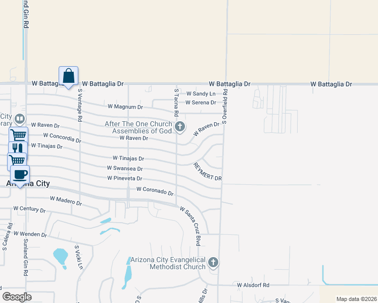 map of restaurants, bars, coffee shops, grocery stores, and more near 8313 West Raven Drive in Arizona City