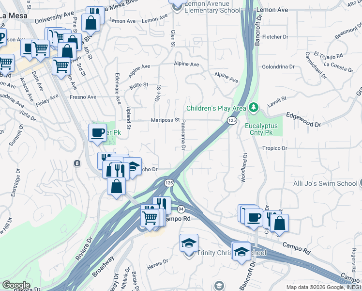 map of restaurants, bars, coffee shops, grocery stores, and more near 4298 Panorama Drive in La Mesa