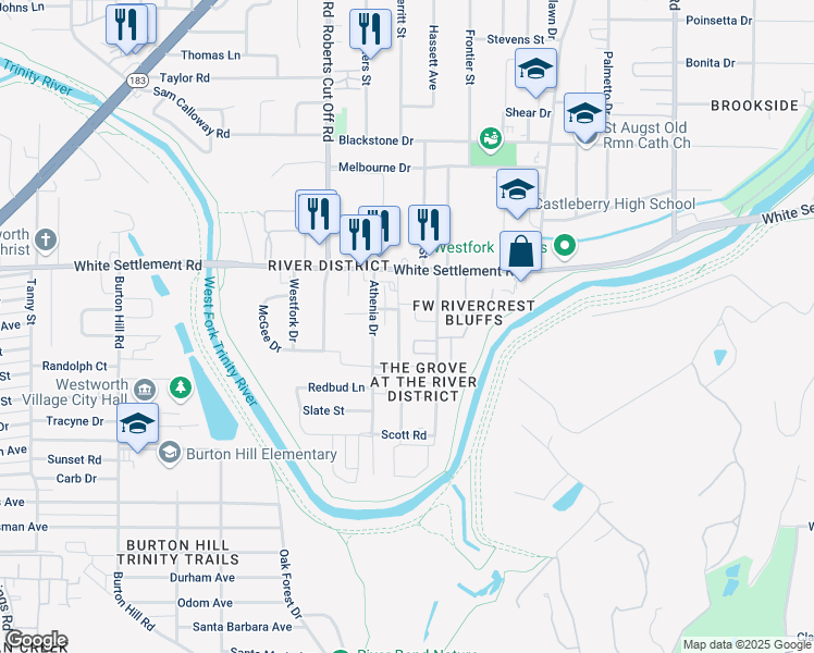 map of restaurants, bars, coffee shops, grocery stores, and more near 209 Sunset Lane in Fort Worth