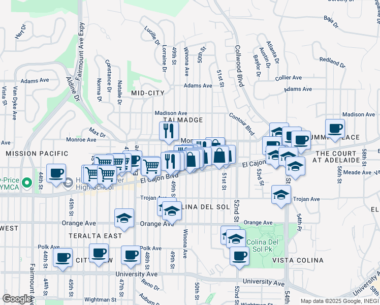 map of restaurants, bars, coffee shops, grocery stores, and more near 4470 50th Street in San Diego