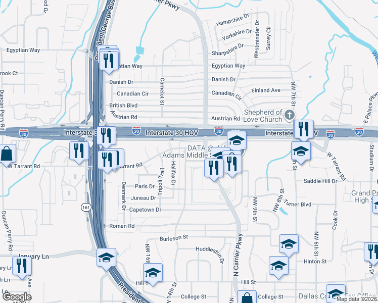 map of restaurants, bars, coffee shops, grocery stores, and more near 1302 West Tarrant Road in Grand Prairie