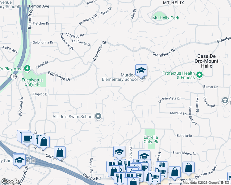 map of restaurants, bars, coffee shops, grocery stores, and more near 4246 Avenida Gregory in Spring Valley