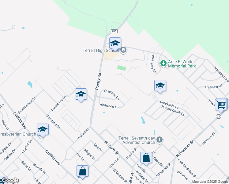 map of restaurants, bars, coffee shops, grocery stores, and more near 121 Yosemite Lane in Terrell