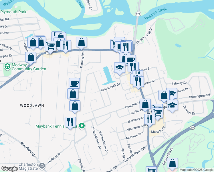 map of restaurants, bars, coffee shops, grocery stores, and more near 36 Crosscreek Drive in Charleston