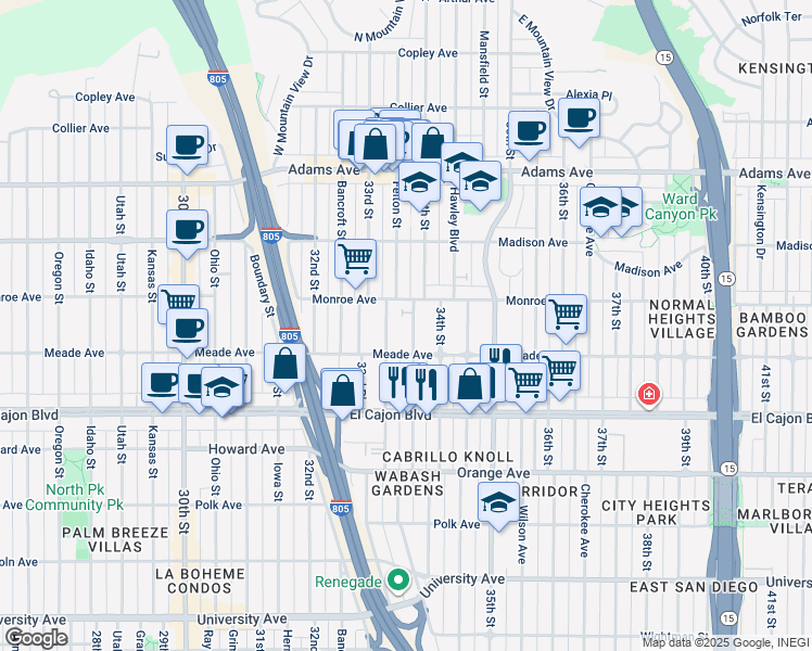 map of restaurants, bars, coffee shops, grocery stores, and more near 4448 Felton Street in San Diego