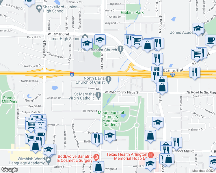 map of restaurants, bars, coffee shops, grocery stores, and more near 1601 North Davis Drive in Arlington