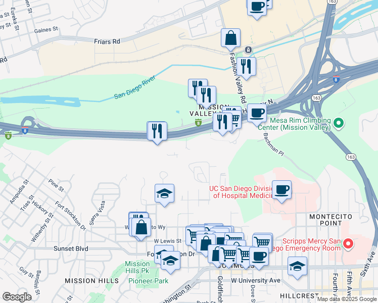 map of restaurants, bars, coffee shops, grocery stores, and more near 1235 Hotel Circle Court in San Diego