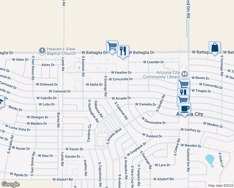 map of restaurants, bars, coffee shops, grocery stores, and more near 10540 West Carousel Drive in Arizona City