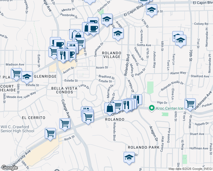 map of restaurants, bars, coffee shops, grocery stores, and more near 6451 Estelle Street in San Diego