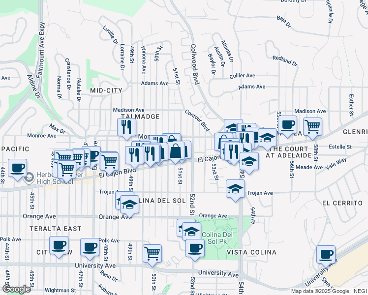 map of restaurants, bars, coffee shops, grocery stores, and more near 4462 52nd Street in San Diego