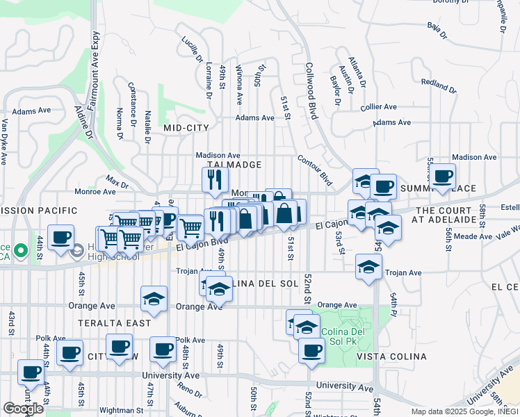 map of restaurants, bars, coffee shops, grocery stores, and more near 4470 50th Street in San Diego