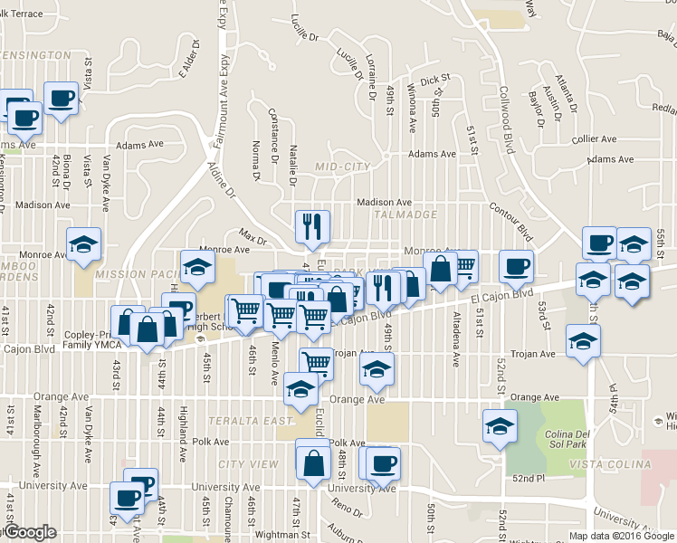 map of restaurants, bars, coffee shops, grocery stores, and more near 4496 1/2 48th Street in San Diego