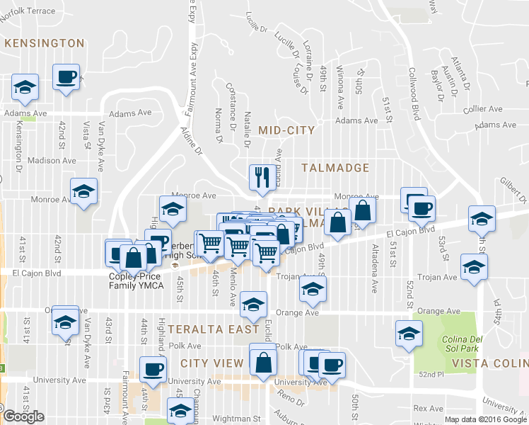 map of restaurants, bars, coffee shops, grocery stores, and more near 4482 47th Street in San Diego