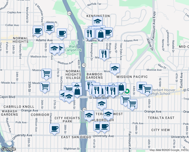 map of restaurants, bars, coffee shops, grocery stores, and more near 4476 Marlborough Avenue in San Diego