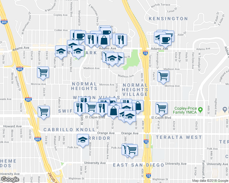 map of restaurants, bars, coffee shops, grocery stores, and more near 4469 Cherokee Avenue in San Diego