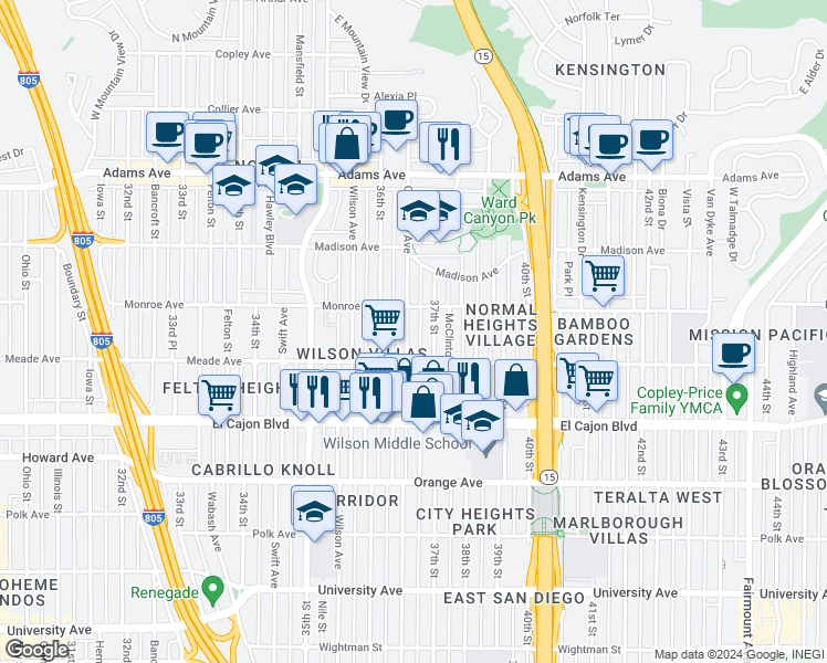 map of restaurants, bars, coffee shops, grocery stores, and more near 4469 Cherokee Avenue in San Diego