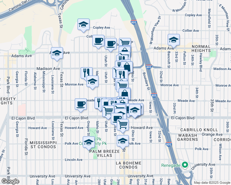 map of restaurants, bars, coffee shops, grocery stores, and more near 4468 Kansas Street in San Diego