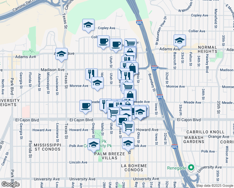 map of restaurants, bars, coffee shops, grocery stores, and more near 4468 Kansas Street in San Diego