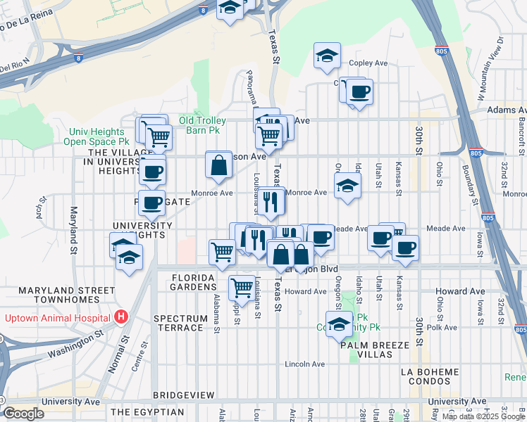 map of restaurants, bars, coffee shops, grocery stores, and more near 4470 Texas Street in San Diego