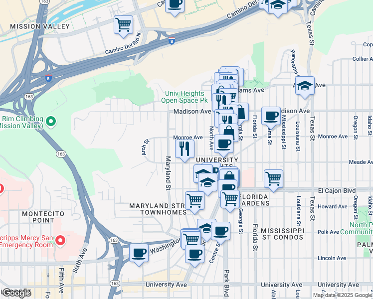 map of restaurants, bars, coffee shops, grocery stores, and more near 4459 Cleveland Avenue in San Diego