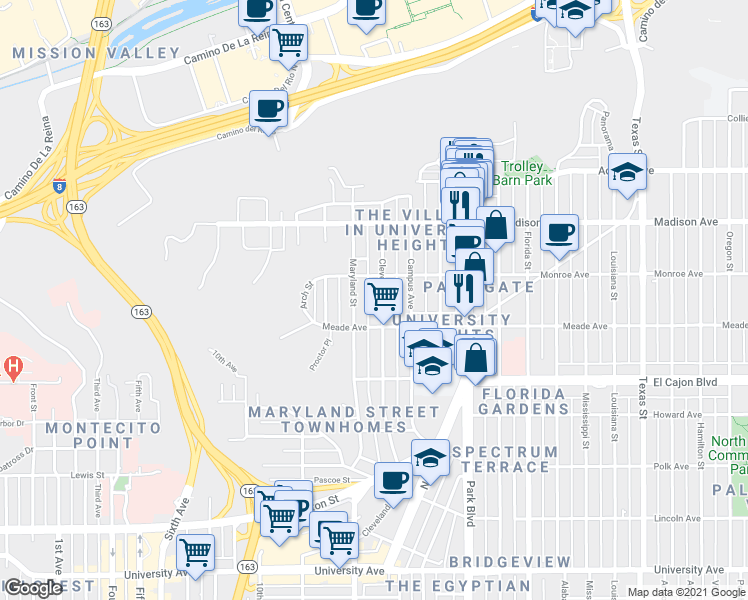 map of restaurants, bars, coffee shops, grocery stores, and more near 4459 Cleveland Avenue in San Diego