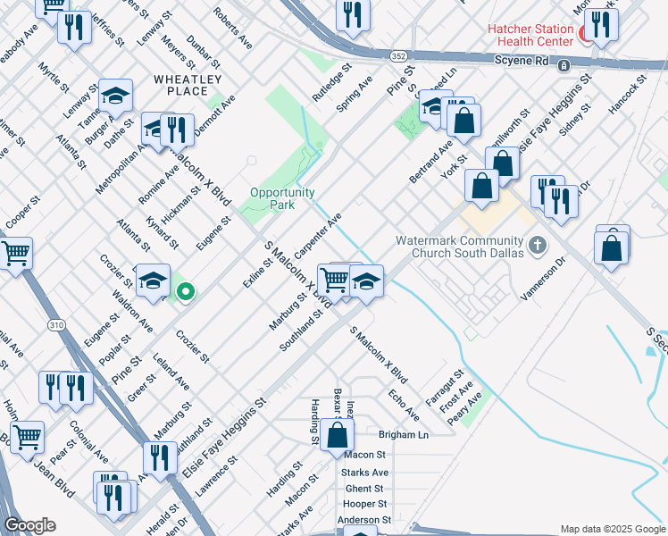 map of restaurants, bars, coffee shops, grocery stores, and more near 2911 Marburg Street in Dallas