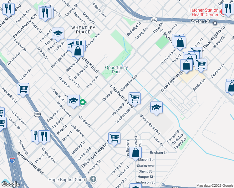 map of restaurants, bars, coffee shops, grocery stores, and more near 4311 South Malcolm X Boulevard in Dallas