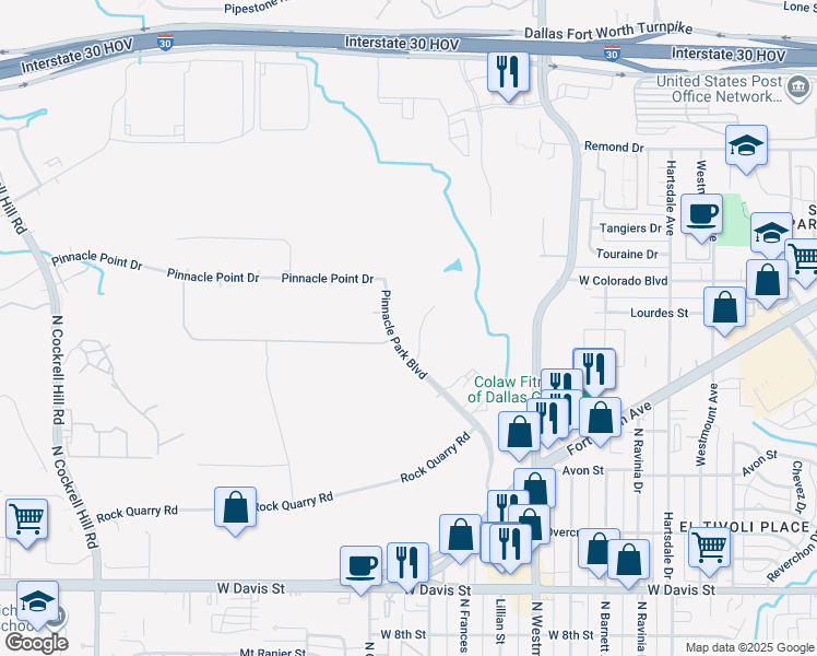 map of restaurants, bars, coffee shops, grocery stores, and more near 3757 Falls Bluff Drive in Dallas