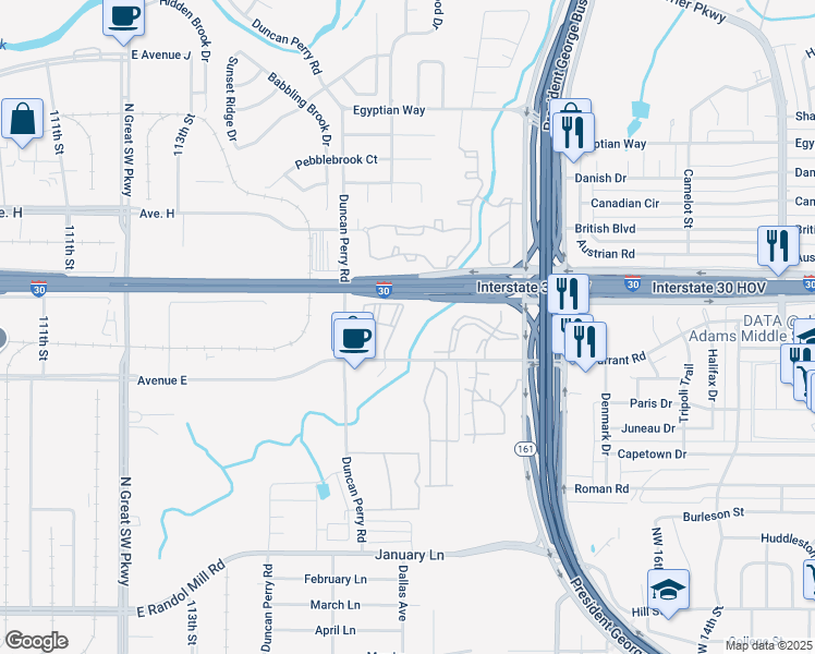 map of restaurants, bars, coffee shops, grocery stores, and more near 1960 West Tarrant Road in Grand Prairie