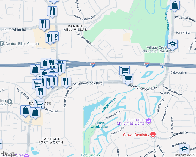 map of restaurants, bars, coffee shops, grocery stores, and more near 1430 Palmnold Circle East in Fort Worth