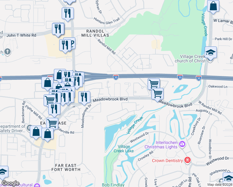 map of restaurants, bars, coffee shops, grocery stores, and more near 1430 Palmnold Circle East in Fort Worth