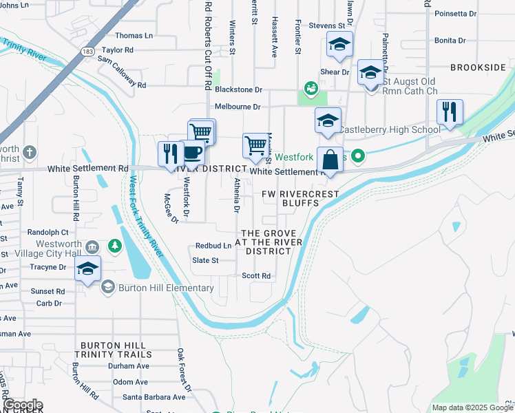 map of restaurants, bars, coffee shops, grocery stores, and more near 209 Sunset Lane in Fort Worth