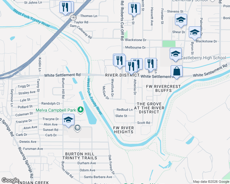 map of restaurants, bars, coffee shops, grocery stores, and more near 201 Westfork Drive in Fort Worth