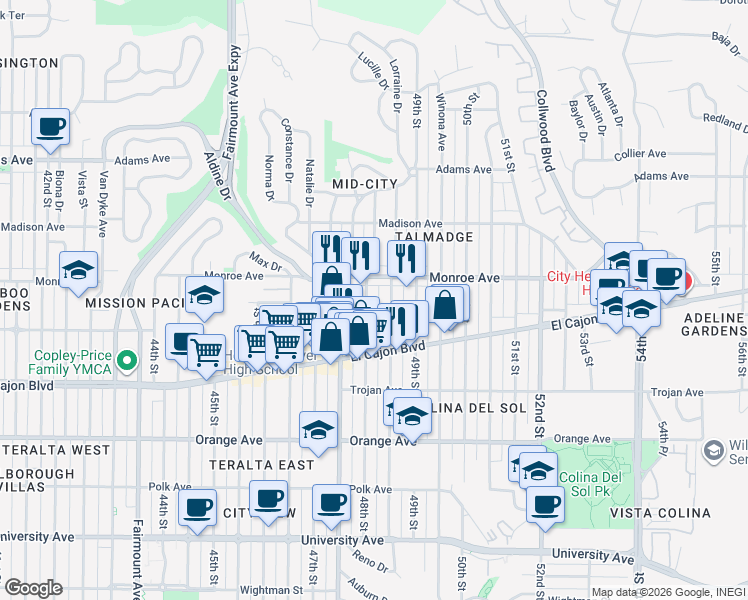 map of restaurants, bars, coffee shops, grocery stores, and more near 4496 1/2 48th Street in San Diego