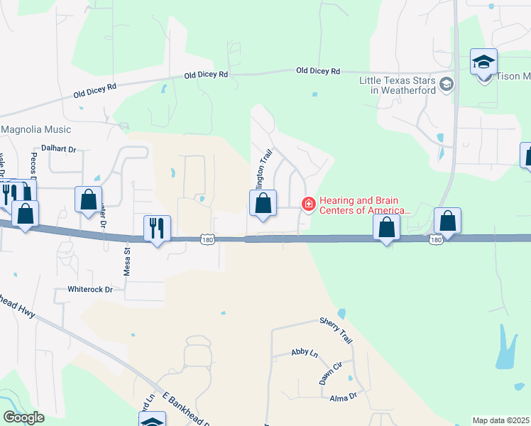 map of restaurants, bars, coffee shops, grocery stores, and more near 1909 Windowmere Trail in Weatherford
